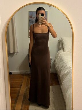 Oddli The Dinner Party Dress in Mocha Brown Stretchy Comfy Maxi Minimalist
